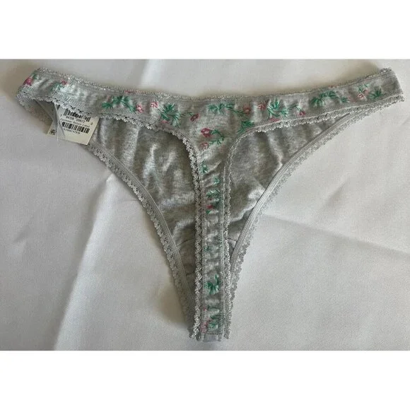 Charter Club Intimates Ladie's Gray Floral Cotton Lace Thong Underwear Large NEW - Picture 3 of 7